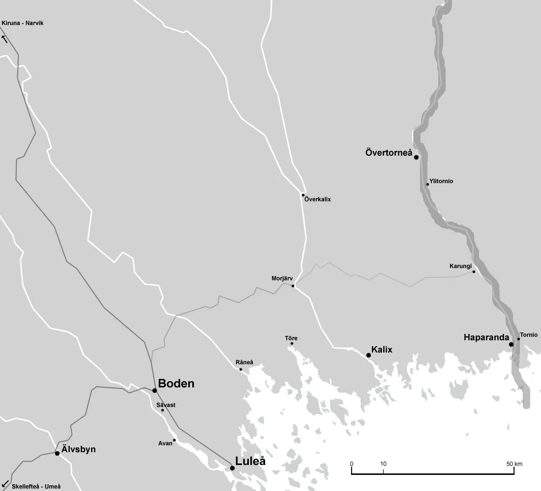 The location of Boden and w:Boden Fortress in a strategic perspective. Full grey lines are railroads present by 1895 Semi-grey lines are railroads present by 1902 Light grey lines are railroads present by 1914