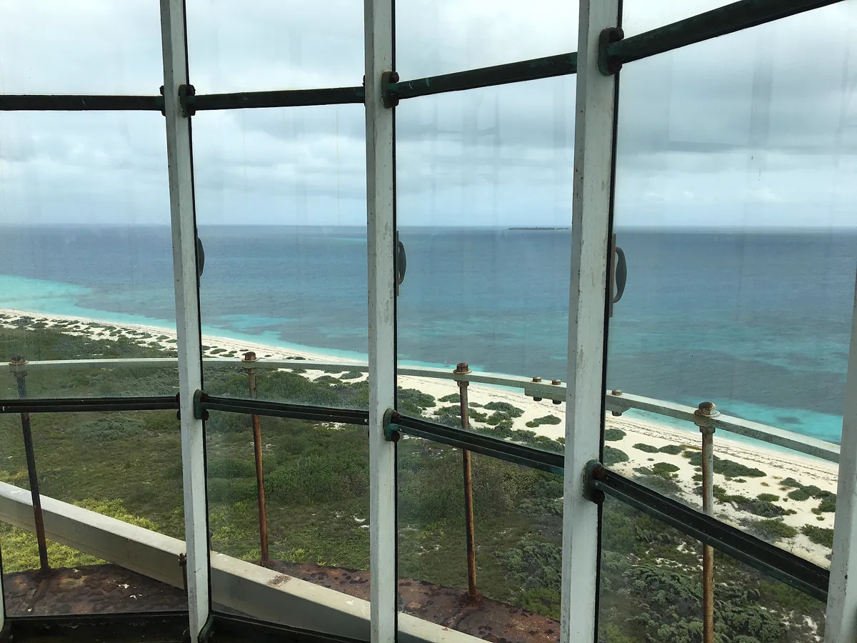 View of Fort Jefferson from the lantern of the Dry Tortugas Light, Loggerhead Key, Florida in Dry Tortugas National Park. Facing east.