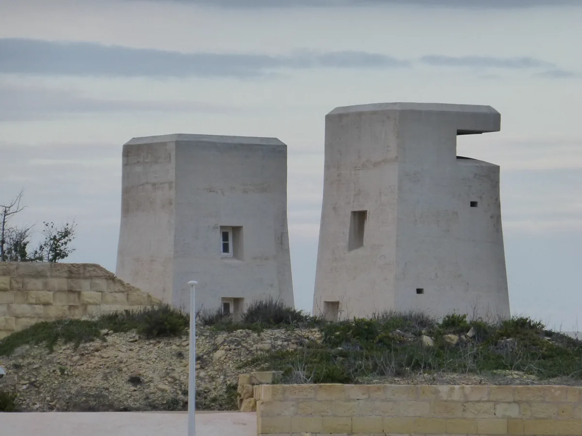Concrete towers for directing fire for twin 6 Pounder guns in World War II. Fort St Elmo in Valletta (Malta)