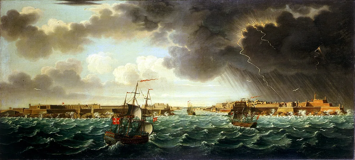 Isle of Malta. View of the entrance of the port of Valletta around 1750 with ships of the order of Saint John of Jerusalem under a storm.